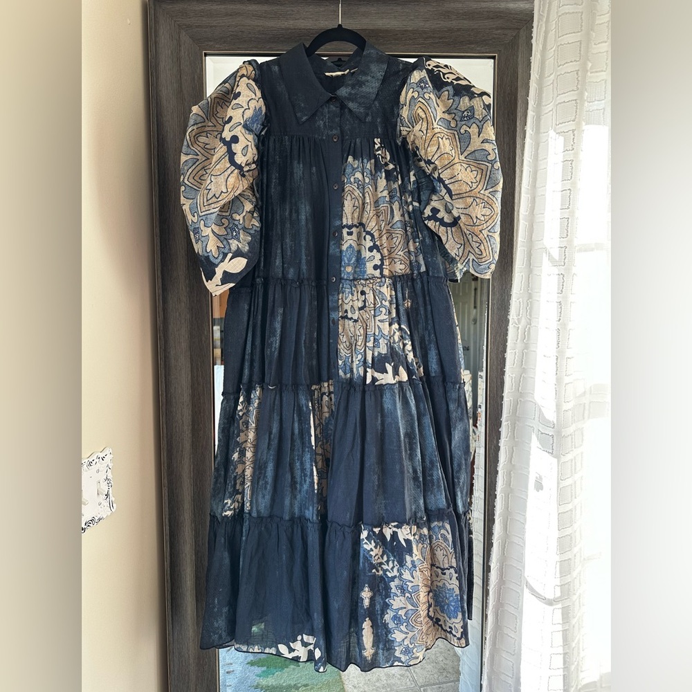 Let Me Be Puff-sleeve Patchwork Cotton Midi Shirt Dress In Multicolor